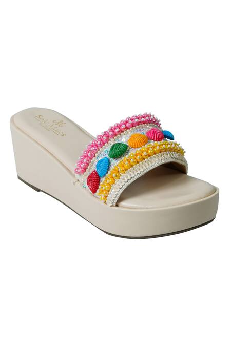 Shop Sole Mates by Palak White Shell Bella Handcrafted Wedges Online at Aza Fashions Shop_Sole Mates by Palak_White Shell Bella Handcrafted Wedges _Online_at_Aza_Fashions