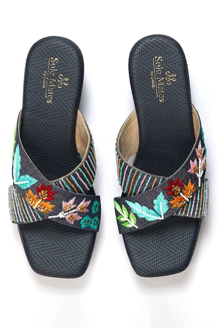 Shop Sole Mates by Palak Blue Resham Wildflower Handcrafted Wedges at Aza Fashions Shop_Sole Mates by Palak_Blue Resham Wildflower Handcrafted Wedges _at_Aza_Fashions