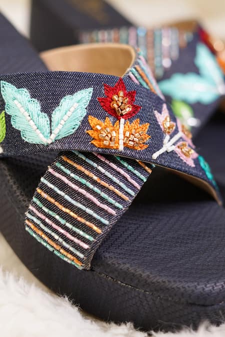 Sole Mates by Palak Blue Resham Wildflower Handcrafted Wedges Online at Aza Fashions Sole Mates by Palak_Blue Resham Wildflower Handcrafted Wedges _Online_at_Aza_Fashions