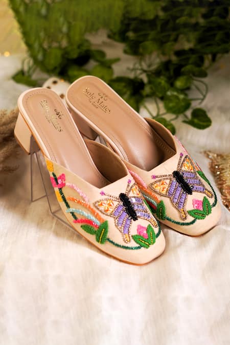 Sole Mates by Palak Beige Sequin Butterfly Motif Embroidered Mules 