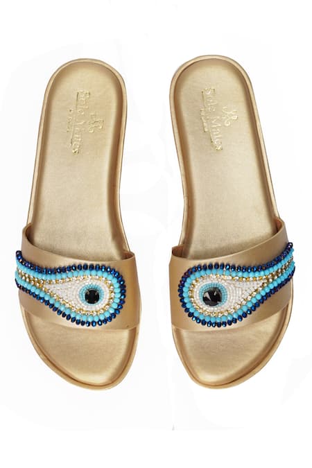 Shop Sole Mates by Palak Gold Bead Evil Eye Motif Embellished Sliders at Aza Fashions Shop_Sole Mates by Palak_Gold Bead Evil Eye Motif Embellished Sliders _at_Aza_Fashions