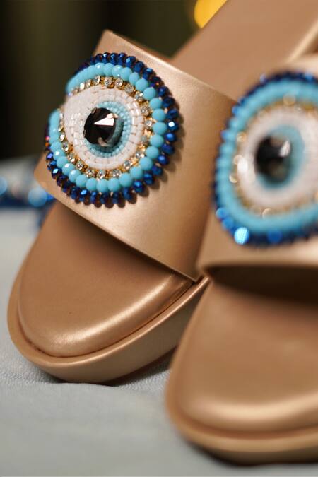 Sole Mates by Palak Gold Bead Evil Eye Motif Embellished Sliders Online at Aza Fashions Sole Mates by Palak_Gold Bead Evil Eye Motif Embellished Sliders _Online_at_Aza_Fashions