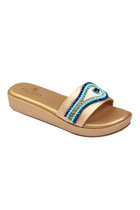 Buy Sole Mates by Palak Gold Bead Evil Eye Motif Embellished Sliders Online at Aza Fashions Buy_Sole Mates by Palak_Gold Bead Evil Eye Motif Embellished Sliders _Online_at_Aza_Fashions