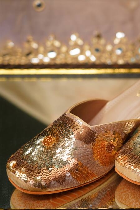 Sole Mates by Palak_Gold Sequins Sunshine Embellished Mules _Online_at_Aza_Fashions