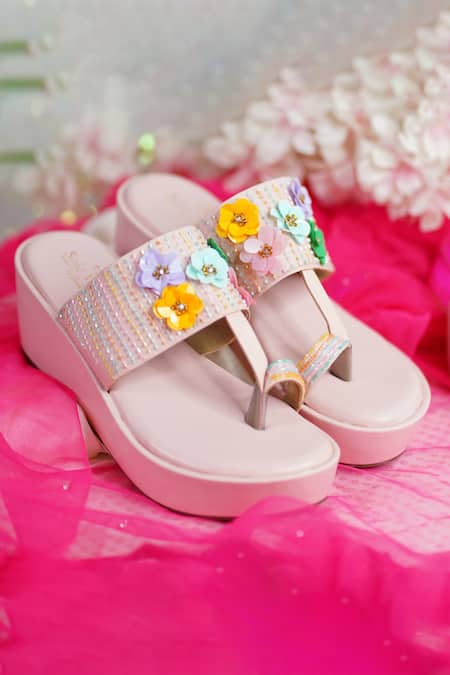 Shop Sole Mates by Palak Pink Floral Cutdana Embroidered Wedges at Aza Fashions Shop_Sole Mates by Palak_Pink Floral Cutdana Embroidered Wedges _at_Aza_Fashions