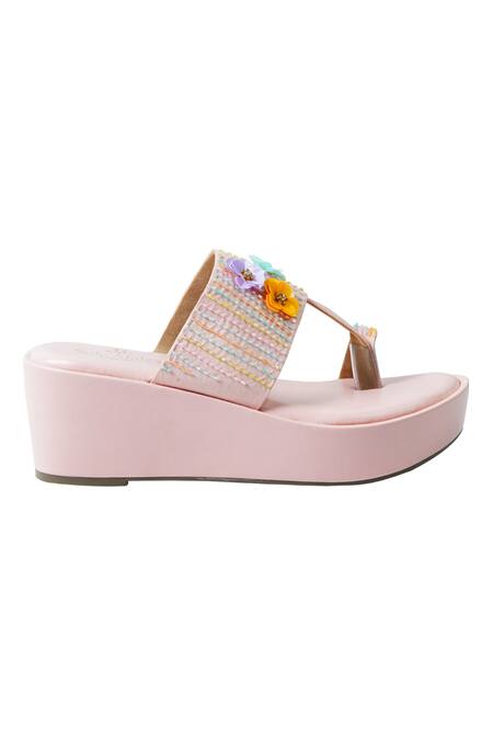 Shop Sole Mates by Palak Pink Floral Cutdana Embroidered Wedges Online at Aza Fashions Shop_Sole Mates by Palak_Pink Floral Cutdana Embroidered Wedges _Online_at_Aza_Fashions