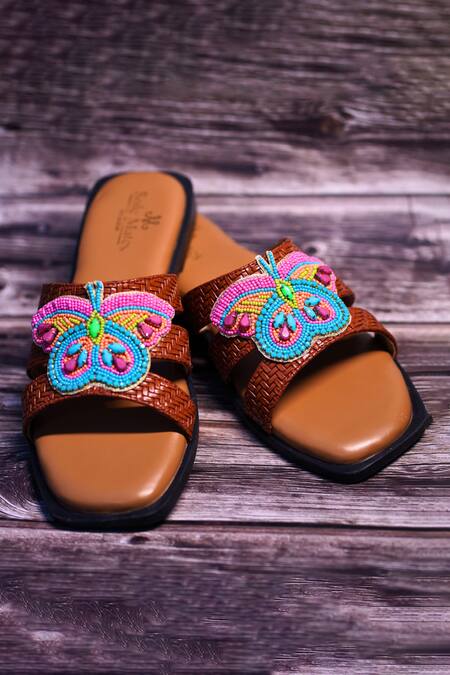 Sole Mates by Palak_Brown Bead Morpho Criss Cross Embroidered Sliders_Online_at_Aza_Fashions