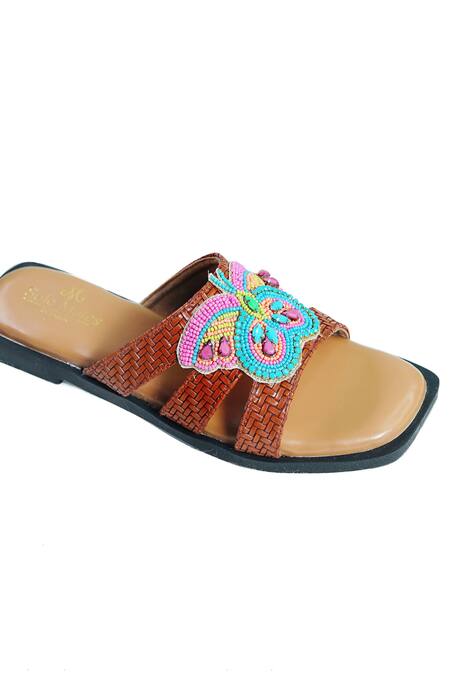 Shop_Sole Mates by Palak_Brown Bead Morpho Criss Cross Embroidered Sliders_Online_at_Aza_Fashions