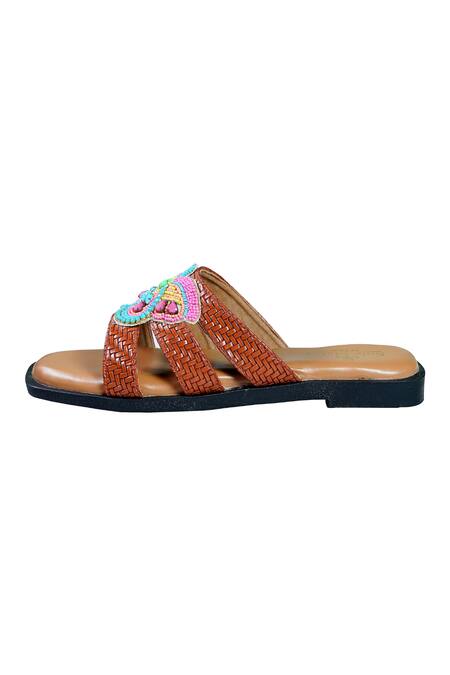 Sole Mates by Palak_Brown Bead Morpho Criss Cross Embroidered Sliders_at_Aza_Fashions