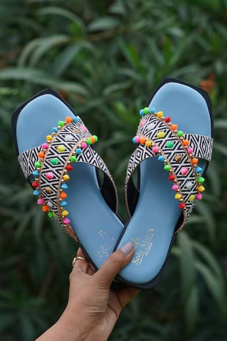 Sole Mates by Palak Mykonos Embroidered Criss Cross Sliders 