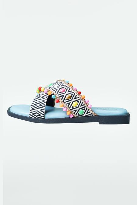 Shop Sole Mates by Palak Blue Bead Mykonos Embroidered Criss Cross Sliders at Aza Fashions Shop_Sole Mates by Palak_Blue Bead Mykonos Embroidered Criss Cross Sliders _at_Aza_Fashions