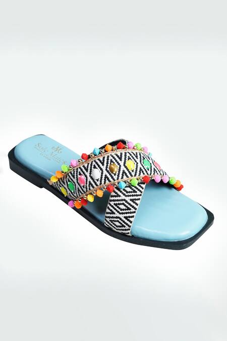 Shop Sole Mates by Palak Blue Bead Mykonos Embroidered Criss Cross Sliders Online at Aza Fashions Shop_Sole Mates by Palak_Blue Bead Mykonos Embroidered Criss Cross Sliders _Online_at_Aza_Fashions