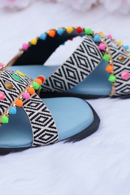 Sole Mates by Palak Blue Bead Mykonos Embroidered Criss Cross Sliders at Aza Fashions Sole Mates by Palak_Blue Bead Mykonos Embroidered Criss Cross Sliders _at_Aza_Fashions