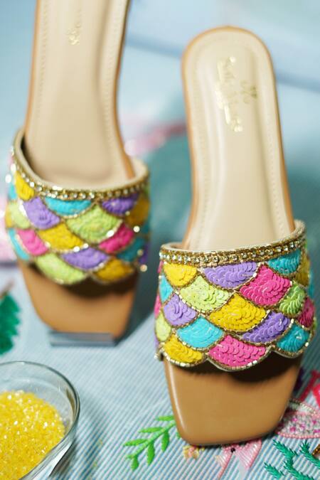 Shop Sole Mates by Palak Multi Color Sequin Handcrafted Embroidered Sliders at Aza Fashions Shop_Sole Mates by Palak_Multi Color Sequin Handcrafted Embroidered Sliders _at_Aza_Fashions