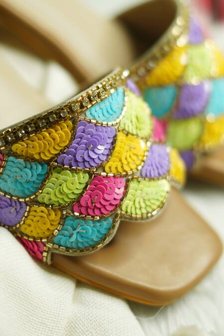 Sole Mates by Palak Multi Color Sequin Handcrafted Embroidered Sliders at Aza Fashions Sole Mates by Palak_Multi Color Sequin Handcrafted Embroidered Sliders _at_Aza_Fashions