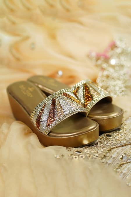 Shop Sole Mates by Palak Gold Cutdana Shine Handcrafted Wedges at Aza Fashions Shop_Sole Mates by Palak_Gold Cutdana Shine Handcrafted Wedges _at_Aza_Fashions
