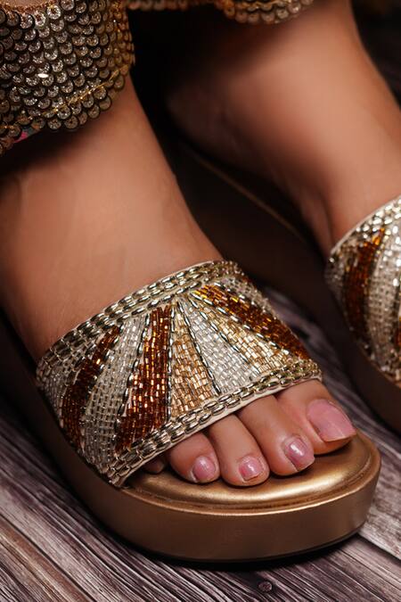 Shop Sole Mates by Palak Gold Cutdana Shine Handcrafted Wedges Online at Aza Fashions Shop_Sole Mates by Palak_Gold Cutdana Shine Handcrafted Wedges _Online_at_Aza_Fashions