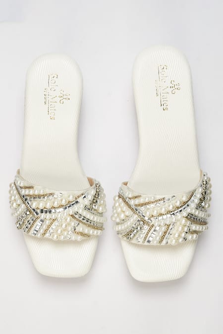 Shop Sole Mates by Palak Off White Pearl Snowbell Handcrafted Wedges at Aza Fashions Shop_Sole Mates by Palak_Off White Pearl Snowbell Handcrafted Wedges _at_Aza_Fashions