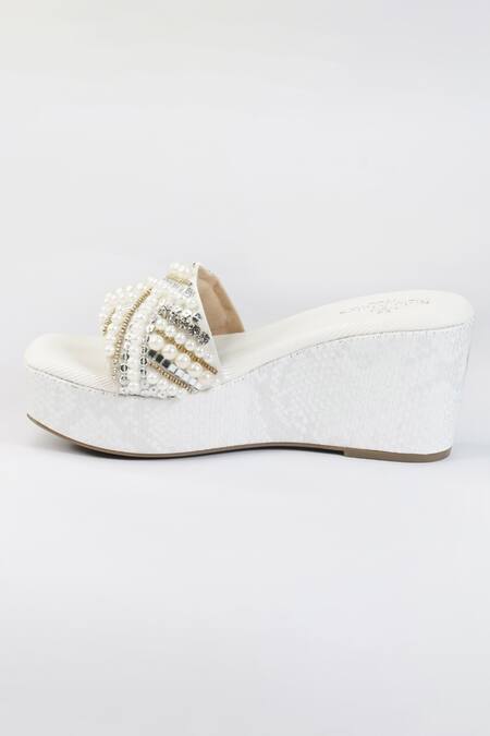 Shop Sole Mates by Palak Off White Pearl Snowbell Handcrafted Wedges Online at Aza Fashions Shop_Sole Mates by Palak_Off White Pearl Snowbell Handcrafted Wedges _Online_at_Aza_Fashions