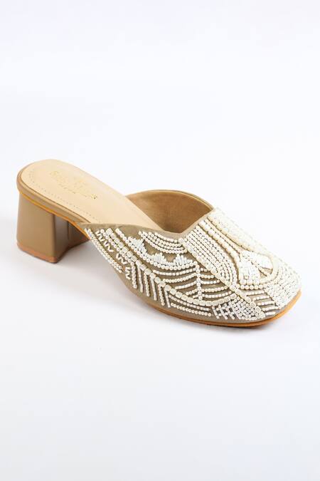 Sole Mates by Palak Beige Pearls, Cut Work Taj And Cutdana Embellished Mules Online at Aza Fashions Sole Mates by Palak_Beige Pearls, Cut Work Taj And Cutdana Embellished Mules_Online_at_Aza_Fashions