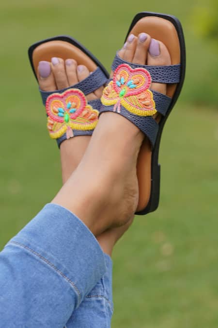 Sole Mates by Palak Blue Bead Viceroy Handcrafted Embroidered Criss Cross Sliders