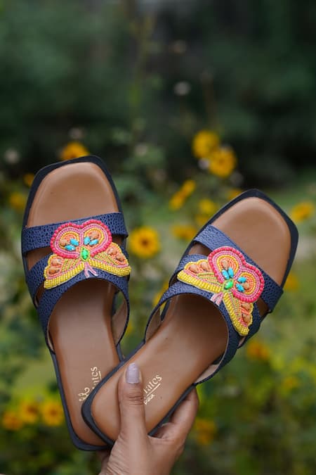 Sole Mates by Palak_Blue Bead Viceroy Handcrafted Embroidered Criss Cross Sliders _Online_at_Aza_Fashions