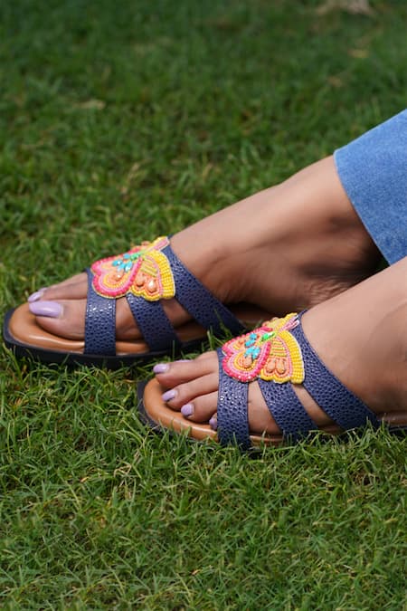 Buy_Sole Mates by Palak_Blue Bead Viceroy Handcrafted Embroidered Criss Cross Sliders _Online_at_Aza_Fashions