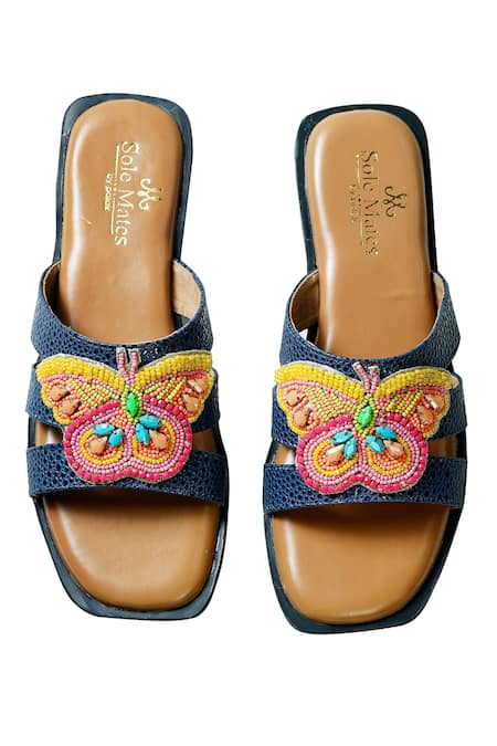 Shop_Sole Mates by Palak_Blue Bead Viceroy Handcrafted Embroidered Criss Cross Sliders _Online_at_Aza_Fashions