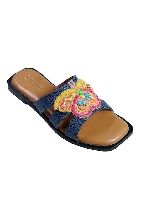 Sole Mates by Palak_Blue Bead Viceroy Handcrafted Embroidered Criss Cross Sliders _at_Aza_Fashions