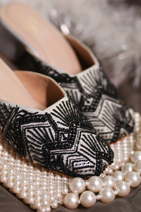 Sole Mates by Palak_Beige Cut Work, Beads Zara And Cutdana Embroidered Mules _Online_at_Aza_Fashions