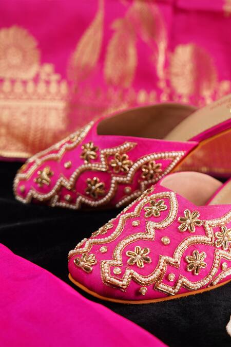 Sole Mates by Palak_Pink Pearl Floral And Cutdana Embroidered Mules _Online_at_Aza_Fashions