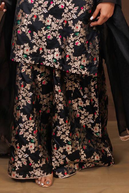 Buy_Vishwa By Pinki Sinha_Black Silk Beads Keyhole Neck Floral Jaal Pattern Kurta Sharara Set_Online_at_Aza_Fashions