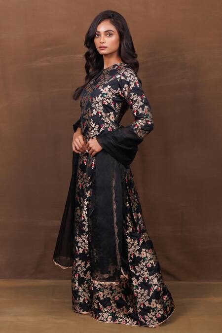 Shop_Vishwa By Pinki Sinha_Black Silk Beads Keyhole Neck Floral Jaal Pattern Kurta Sharara Set_Online_at_Aza_Fashions
