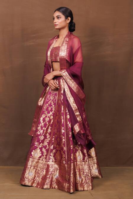 Shop Vishwa By Pinki Sinha Purple Brocade, Silk, Chiffon Metallic Floral Pattern Handwoven Lehenga Set Online at Aza Fashions Shop_Vishwa By Pinki Sinha_Purple Brocade, Silk, Chiffon Metallic Floral Pattern Handwoven Lehenga Set _Online_at_Aza_Fashions