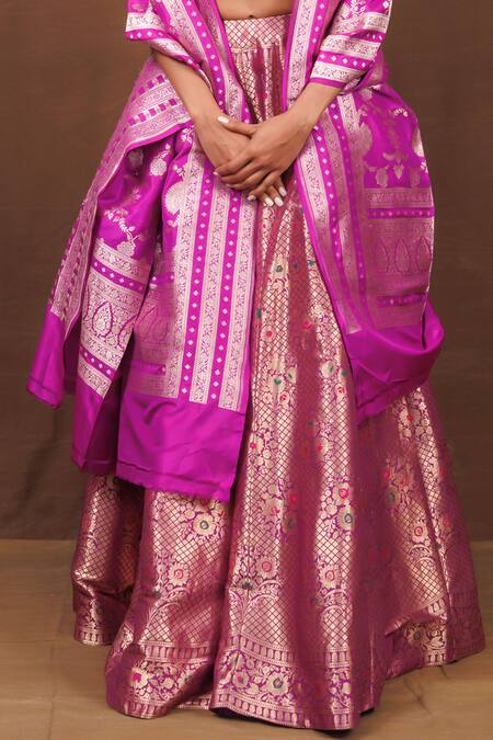 Vishwa By Pinki Sinha_Purple Brocade, Silk Embroidery Floral Checkered Pattern Handwoven Lehenga Set_Online_at_Aza_Fashions