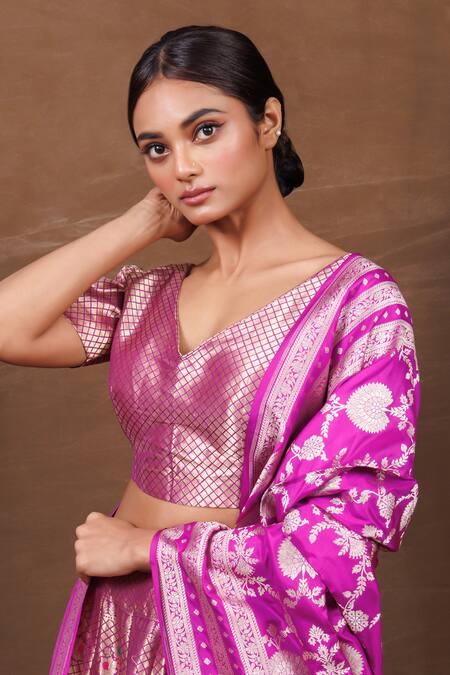 Shop_Vishwa By Pinki Sinha_Purple Brocade, Silk Embroidery Floral Checkered Pattern Handwoven Lehenga Set_Online_at_Aza_Fashions