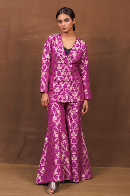 VISHWA BY PINKI SINHA Purple Banarasi Silk Handwoven Floral Lapel Collar Jacket With Gharara 