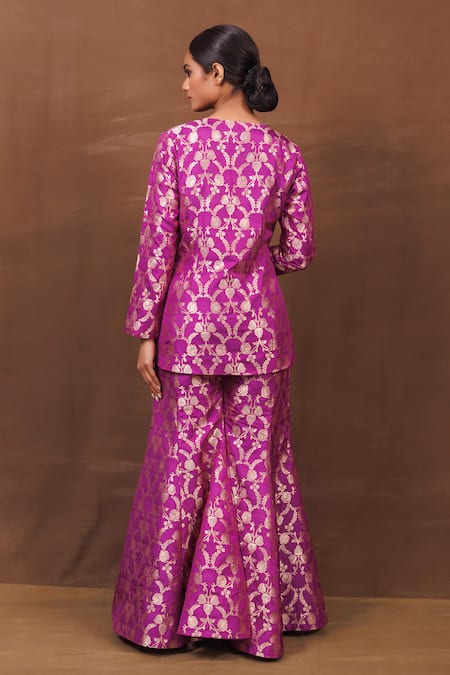 Shop Vishwa By Pinki Sinha Purple Silk Embroidery V-neck Handwoven Banarasi Jacket With Gharara at Aza Fashions Shop_Vishwa By Pinki Sinha_Purple Silk Embroidery V-neck Handwoven Banarasi Jacket With Gharara_at_Aza_Fashions