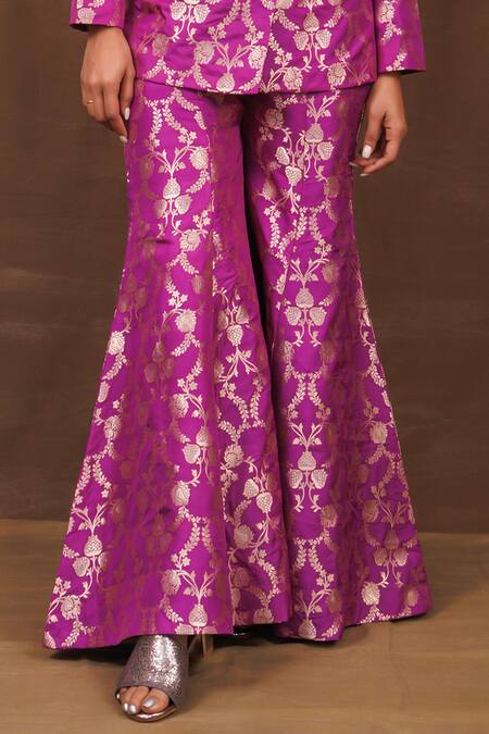 Vishwa By Pinki Sinha Purple Silk Embroidery V-neck Handwoven Banarasi Jacket With Gharara Online at Aza Fashions Vishwa By Pinki Sinha_Purple Silk Embroidery V-neck Handwoven Banarasi Jacket With Gharara_Online_at_Aza_Fashions