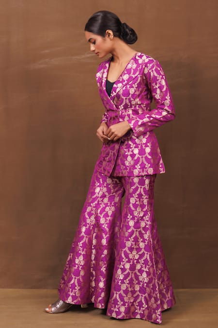 Buy Vishwa By Pinki Sinha Purple Silk Embroidery V-neck Handwoven Banarasi Jacket With Gharara Online at Aza Fashions Buy_Vishwa By Pinki Sinha_Purple Silk Embroidery V-neck Handwoven Banarasi Jacket With Gharara_Online_at_Aza_Fashions