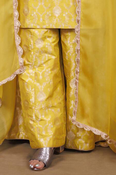 Vishwa By Pinki Sinha_Yellow Silk, Chanderi Silk, Chiffon Banarasi Straight Kurta Sharara Set_Online_at_Aza_Fashions