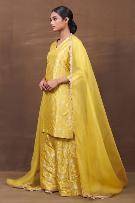 Buy_Vishwa By Pinki Sinha_Yellow Silk, Chanderi Silk, Chiffon Banarasi Straight Kurta Sharara Set_Online_at_Aza_Fashions