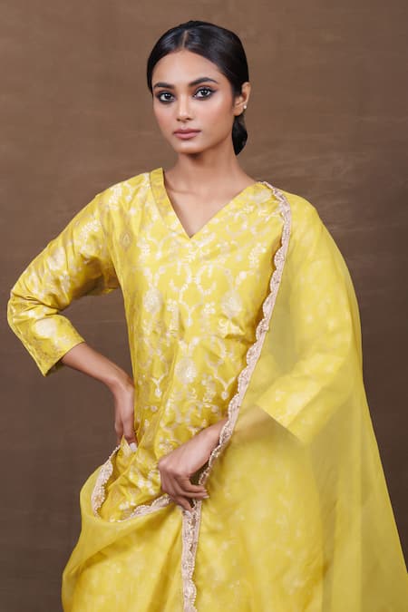 Shop_Vishwa By Pinki Sinha_Yellow Silk, Chanderi Silk, Chiffon Banarasi Straight Kurta Sharara Set_Online_at_Aza_Fashions