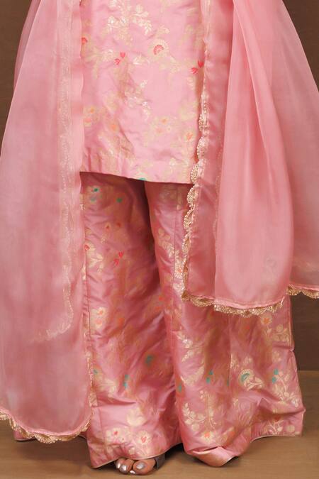 Vishwa By Pinki Sinha_Pink Silk Embroidery Round Neck Banarasi Flower Vine Pattern Kurta Sharara Set_Online_at_Aza_Fashions