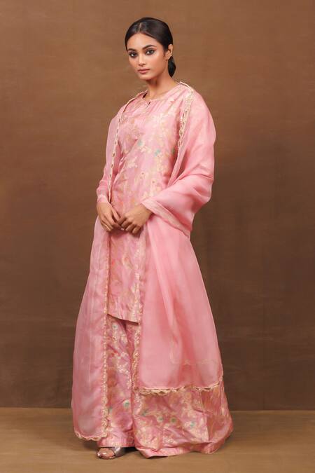 Buy_Vishwa By Pinki Sinha_Pink Silk Embroidery Round Neck Banarasi Flower Vine Pattern Kurta Sharara Set_Online_at_Aza_Fashions