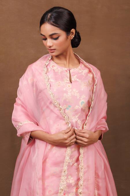 Shop_Vishwa By Pinki Sinha_Pink Silk Embroidery Round Neck Banarasi Flower Vine Pattern Kurta Sharara Set_Online_at_Aza_Fashions