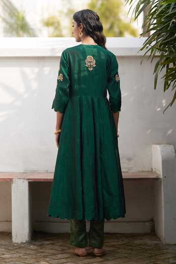 Label Earthen Green Zardozi Embroidered Anarkali & Pant Set For Kids