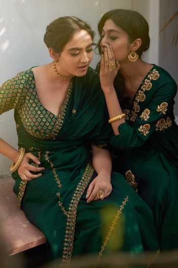 Buy_Label Earthen_Green Silk Zari Zardozi Embroidered Anarkali And Pant Set For Kids_Online_at_Aza_Fashions