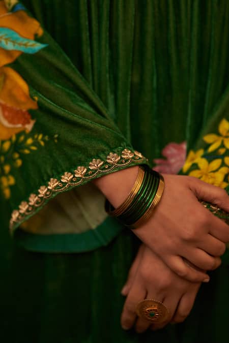 Shop_Label Earthen_Green Silk, Velvet Zari, Embroidery Round Rani Bahar Printed Kurta And Pant Set _Online_at_Aza_Fashions