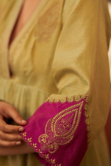 Shop_Label Earthen_Green Tissue, Silk Embroidery, Sequins, Zari V-neck Rani Floral Anarkali Set _Online_at_Aza_Fashions